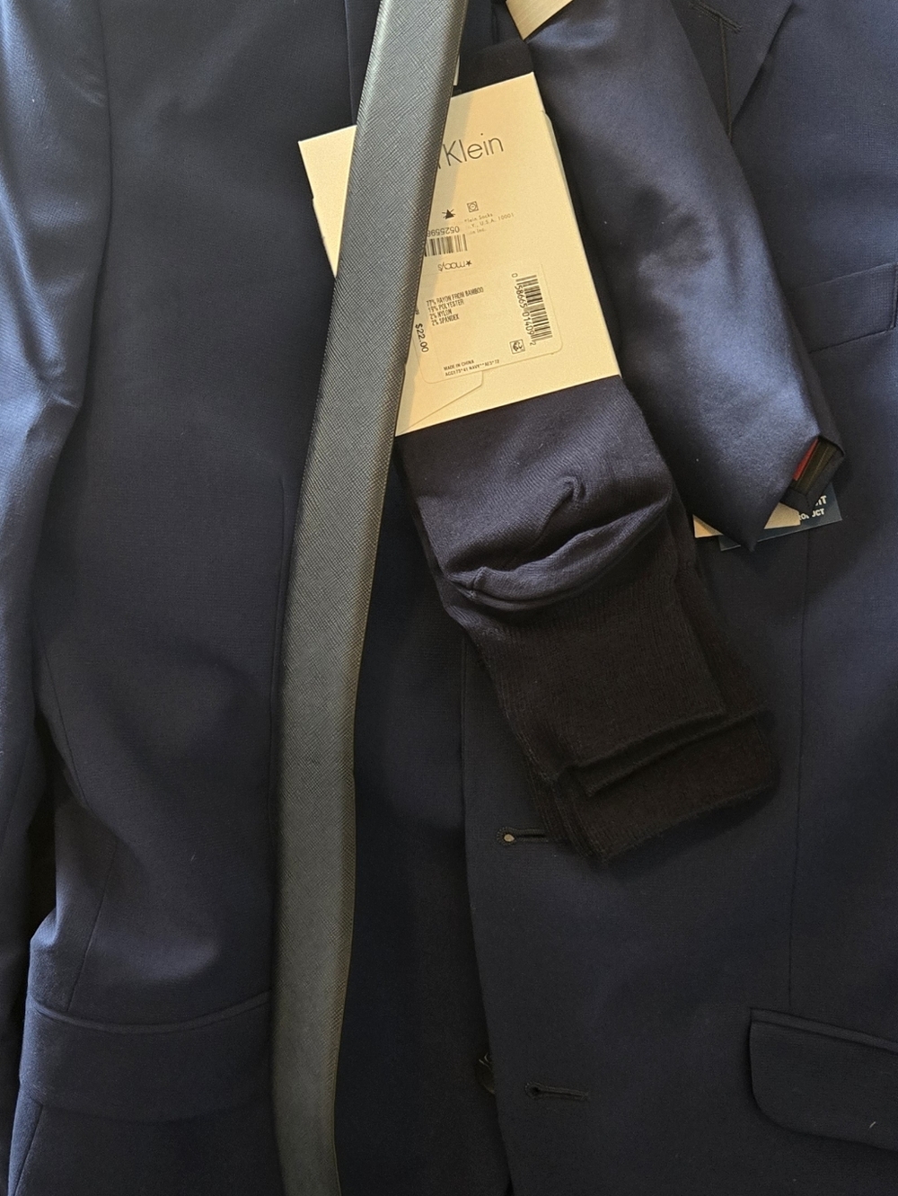 Kenneth Cole Navy Suit Jacket with Black Tie and Socks
